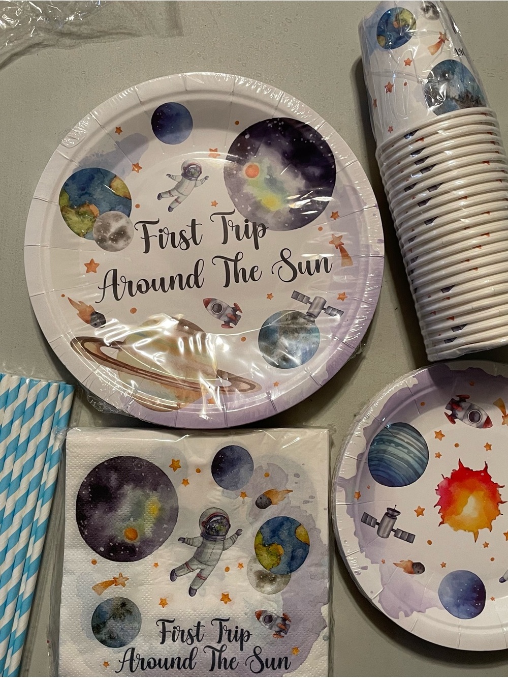 Space Theme "First Trip Around The Sun" Party Plates & Napkins - serves 24 New